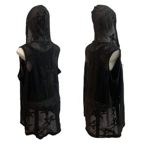 Black mesh sleeveless zip up hoodie star pattern starfish zipper pull coverup